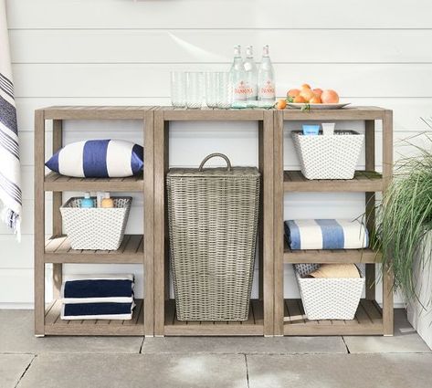 Storage Baskets, Storage Bins & Storage Boxes | Pottery Barn Hamper Shelf, Pool Towel Storage, Pool Organization, Pool Float Storage, Pool Toy Storage, Pool Storage, Pool Shower, Ice Bath, Weekly Cleaning