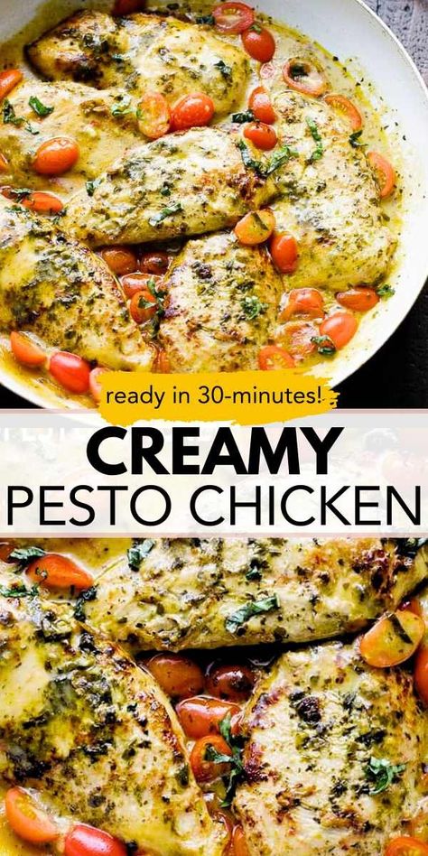 Enjoy a restaurant-quality meal with this Creamy Pesto Chicken recipe! Ready in just 30 minutes, this dish delivers big flavors, using a tasty basil pesto sauce that perfectly coats the juicy chicken and fresh tomatoes. It's a quick, delicious way to change up your dinner routine! Pesto Chicken Dinner, Pesto Recipes Dinner, Quick Pesto, Pesto Chicken Recipe, Creamy Pesto Chicken, Recipe With Vegetables, Basil Pesto Chicken, Healthy Pesto, Chicken Pesto Recipes