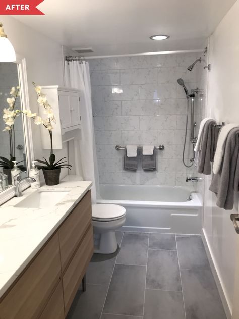 Gray Bathroom Tile Ideas, White Gray Bathroom, Bathroom Ideas Gray, White And Gray Bathroom, Grey Bathroom Floor, Windowless Bathroom, Bathroom Gray, Grey And White Bathroom, White Bathrooms