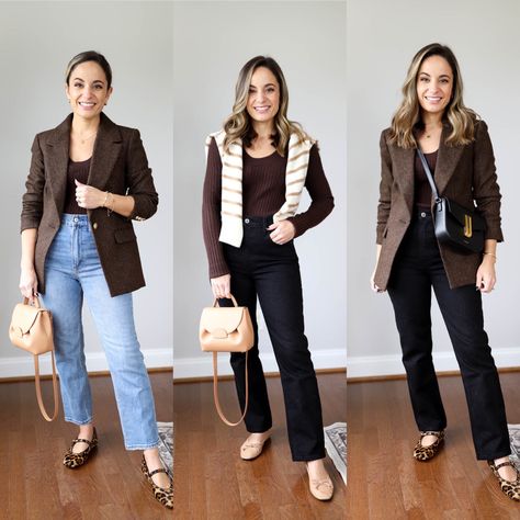 Brown Blazer Work Outfit, How To Style Brown Blazer, Dark Brown Blazer Outfits For Women, Brown Corduroy Blazer Outfit, Chocolate Brown Blazer Outfit, Brown Blazer Outfits For Women, Dark Brown Blazer Outfit, Blazer Outfits For Women Casual, Brown Blazer Women's