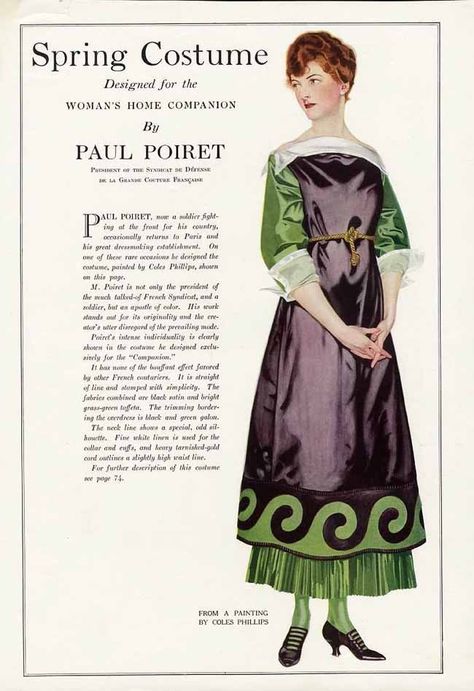 A lovely green and purple spring look by Paul Poiret, 1918. #vintage #Edwardian #1910s #fashion Spring Costume, Fashion 1910, Paul Poiret, 1910s Fashion, 20th Century Fashion, Edwardian Dress, French Fashion Designers, Old Fashion, Edwardian Fashion