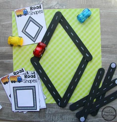 Preschool Transportation Unit Shapes - Giant Craft Stick Roads #preschool #transportationunit #planningplaytime Transportation Large Group Preschool, Construction Transportation Preschool, Transportation Table Top Activities, Building Roads Preschool, Vechiles Preschool Craft, Construction For Preschool Activities, Transportation Math Preschool, Transportation Study Creative Curriculum, Transportation Snacks For Preschool