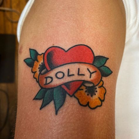 American Traditional Dolly Parton Tattoo, Dolly Parton Tattoo Ideas, Dolly Tattoos, Country Music Tattoos, Dainty Tats, Dolly Parton Tattoos, Traditional Heart Tattoos, Dolly Parton Shirt, Traditional Heart