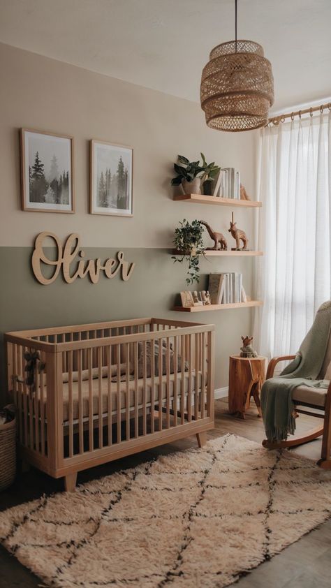 Woodland-themed nursery featuring natural wood tones, forest-inspired wall art, and wooden name decor. Boy Nursery Inspiration, Forest Baby Rooms, Baby Boy Nursery Ideas, Nursery Inspiration Boy, Boy Nursery Ideas, Baby Boy Nursery Woodland, Nursery Idea, Name Decor