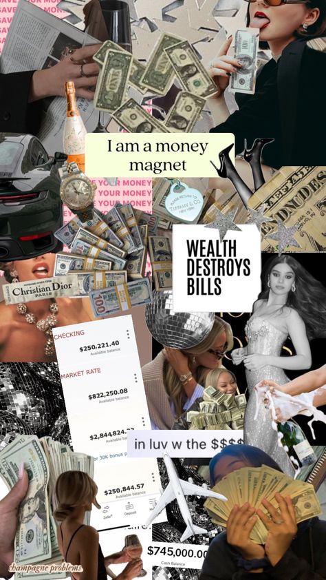 money mood board. #music #vibes #beauty #nature #vintage #fyp #wealthy #rich #money Money Mood Board, Money Mood, Tw Aesthetic, Beautiful Vision Boards, I Am A Money Magnet, Vision Board Collage, Money Vision Board, Board Wallpaper, Vision Board Wallpaper