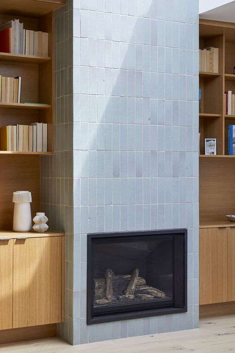 Fireclay Tile Fireplace, Blue Tile Fireplace, Bold Fireplace, Tiled Fireplace Wall, Downstairs Office, Seattle Beach, Interior Updates, Tile Fireplace, Glazed Brick