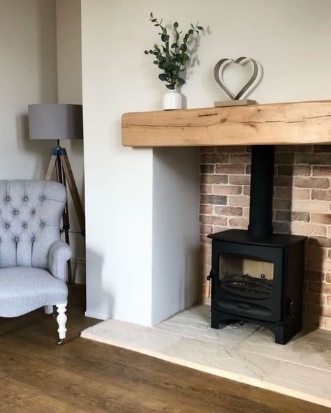 Beam Fireplace, Wood Burner Fireplace, Log Burner Living Room, Fireplace Gallery, Oak Mantle, Brick Slips, Wooden Beam, Country Style Living Room, Oak Fireplace