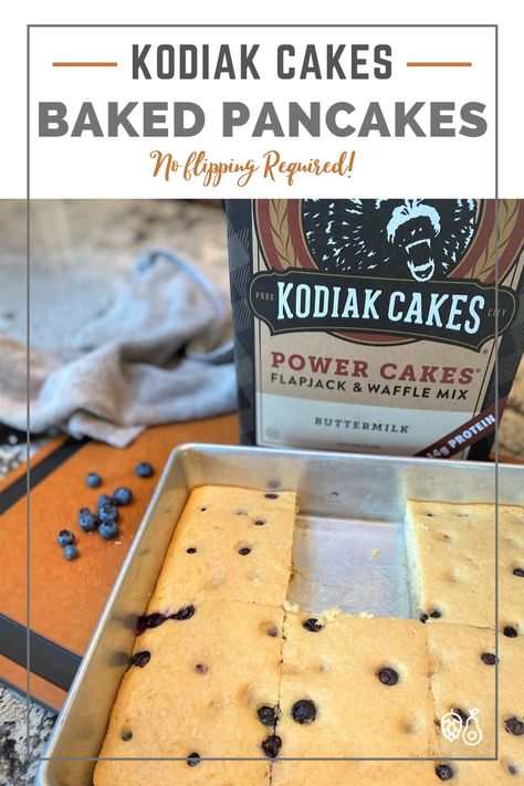 Make all your pancakes at once with this baked Kodiak Cakes pancake recipe! Enjoy for breakfast or as a portable, protein-packed snack. #kodiakcakes #ovenpancake Oven Pancake Recipe, Kodiak Protein Pancakes, Kodiak Cakes Recipe, Oven Pancake, Kodiak Pancakes, Oven Pancakes, High Protein Pancakes, Cake Oven, Pancake Mix Recipes