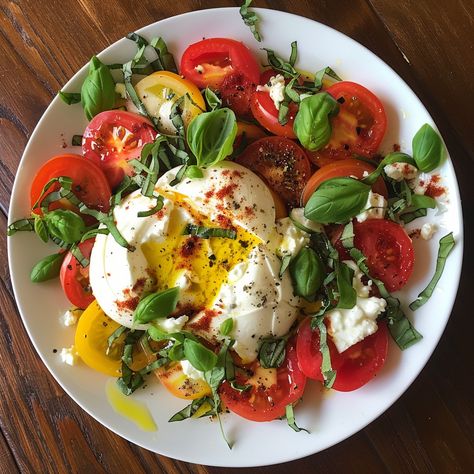 Classic Caprese Salad with Burrata: A Burst of Fresh Flavors Experience a burst of fresh flavors with our Classic Caprese Salad with Burrata! 🍅🌿🧀 This simple yet elegant dish combines juicy tomatoes, creamy burrata, and fragrant basil for a taste of Italy at home. Perfect for any occasion! 🇮🇹✨ Ingredients 4 medium ripe tomatoes, sliced (use a mix of red and yellow for added color) 1 ball of fresh burrata cheese 1/4 cup fresh basil leaves, thinly sliced 2 tablespoons extra-virgin olive oil 1... Burrata Cheese Salad, Caprese Salad Aesthetic, Tomato Burrata Salad, Tomatoes And Burrata, Salad With Burrata, Burrata Caprese, Accessories Drawing, Green Foods, Tomato Caprese