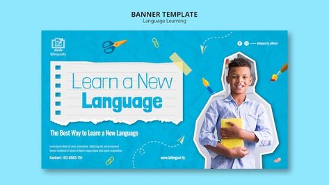 Free PSD new language banner template | Free Psd #Freepik #freepsd #course-banner #language-course #learning-banner #language-learning Graphic Design School, New Language, Banner Template Design, Web Layout Design, Youtube Banners, Learn A New Language, Web Layout, Language Learning, Banner Template