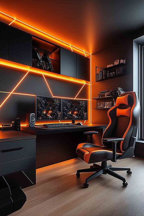 A gaming room setup featuring orange LED lights, a black and orange chair, and a modern desk with dual monitors. Orange Desk Setup, Gaming Room Setup Black, Gaming Room Setup Ideas, Room Setup Ideas, Work Wallpaper, Luxury Game Room, Orange Desk, Gaming Ideas, Gaming Rooms