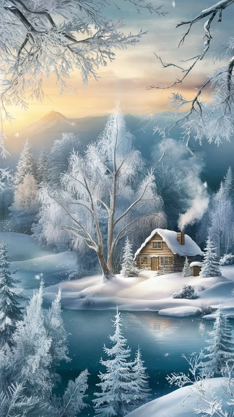 Immerse yourself in the serene beauty of winter with this stunning wallpaper aesthetic. Picture a tranquil, snow-covered landscape with delicate frost-kissed trees, their branches shimmering in the soft light of a golden sunrise. A quaint wooden cabin nestles among the trees, its chimney gently emitting warm smoke, creating an inviting sense of coziness. Subtle details like gently falling snowflakes, a frozen lake reflecting the morning sky's soft hues, and distant snow-capped mountains complete this enchanting winter scene. The soft blues, silvers, and frosty whites of the color palette evoke a peaceful and magical winter wonderland. Frosty Mountains, Winter Scenes Wonderland, Beautiful Winter Pictures, Winter Christmas Scenes, Golden Sunrise, Snow Aesthetic, Wooden Cabin, Xmas Wallpaper, Christmas Scenery