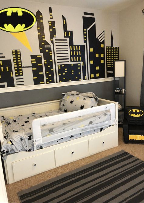 Batman Themes Boys Room Batman Inspired Room, Batman Bedroom Ideas Boys, Batman Bedroom Ideas, Batman Room Ideas Boys, Batman Toddler Room, Bat Bedroom, Batman Room Ideas, Boys Batman Bedroom, Batman Baby Room