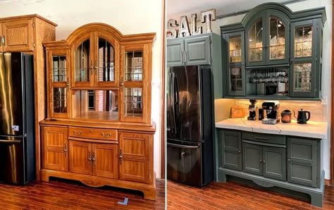 Turning China Cabinet Into Kitchen Cabinets, Kitchen Cabinets Out Of Old Hutches, China Cabinet For Kitchen Cabinets, Repurposed Furniture For Kitchen Cabinet, Recycle Kitchen Cabinets, Hutch To Kitchen Cabinets, China Cabinet Repurposed Ideas, Two Piece China Cabinet Makeover, Kitchen From Old Furniture