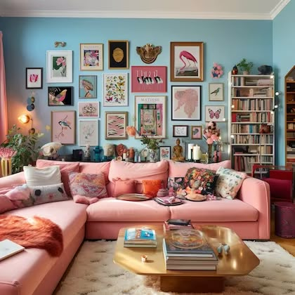 Pink Couch Decor Living Room, Eclectic Decor Gallery Wall, Gallery Wall Different Color Frames, Bright Girly Living Room, Funky Home Decor Bohemian, Bright Color Gallery Wall, Maximalist Accent Chair, Girly Eclectic Decor, Home Decor Ideas Maximalist