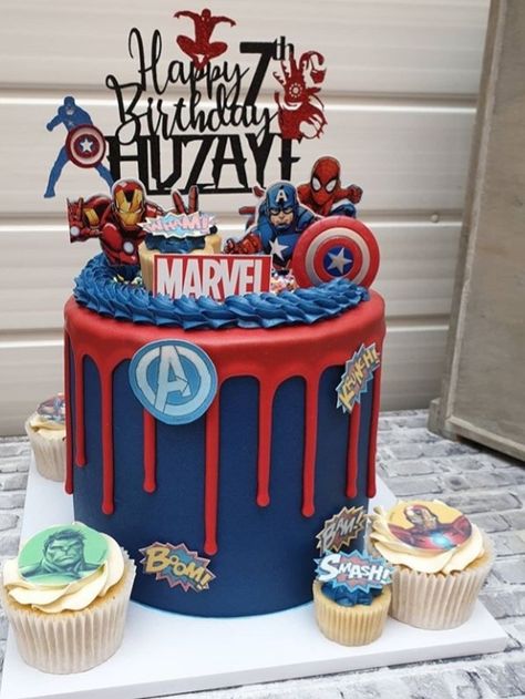 Avengers Drip Cake, Avengers Bday Cake, Avengers Theme Birthday Cake, Superhero Drip Cake, Avengers Buttercream Cake, Superhero Birthday Cake Buttercream, Marvel Themed Cake, Marvel Superhero Cake, Simple Marvel Cake