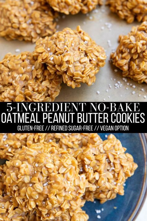 No-Bake Oatmeal Peanut Butter CookiesEasy no-bake cookies made with 5 simple ingredients for a wholesome treatRecipe includes options for customization so you can change it up to your personal preferencesVegan option availableglutenfree vegan nobake peanutbutter oatmeal Peanut Butter Honey Cookies, Oatmeal Peanut Butter Cookies, Honey Oatmeal Cookies, Sugar Free Oatmeal, Healthy No Bake Cookies, Oatmeal No Bake Cookies, Bake Oatmeal, Vegan Oatmeal Cookies, Oatmeal Peanut Butter