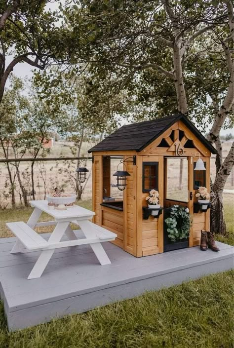 Discovery Playhouse Makeover, Small Backyard Playhouse, Playhouse In Backyard, Outdoor Playhouse Setup, Playhouse Backyard Ideas, Kid Friendly Outdoor Spaces, Backyard For Kids And Adults, Yard Playground Ideas, Backyard Discovery Sweetwater Playhouse Makeover