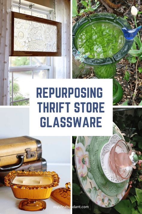 Simple thrift store glassware and turning it into something you love is such fun! See how easy it is to recycle glassware into something new for you. #diy #craft #thrift Thrift Store Glass Upcycle, Repurpose Old Dishes, Upcycle Crystal Glassware, Repurpose Vintage Glassware, Repurposed Vintage Glassware, Vintage Glass Upcycle, Thrift Store Garden Ideas, Glassware Crafts Diy, Thrift Store Projects