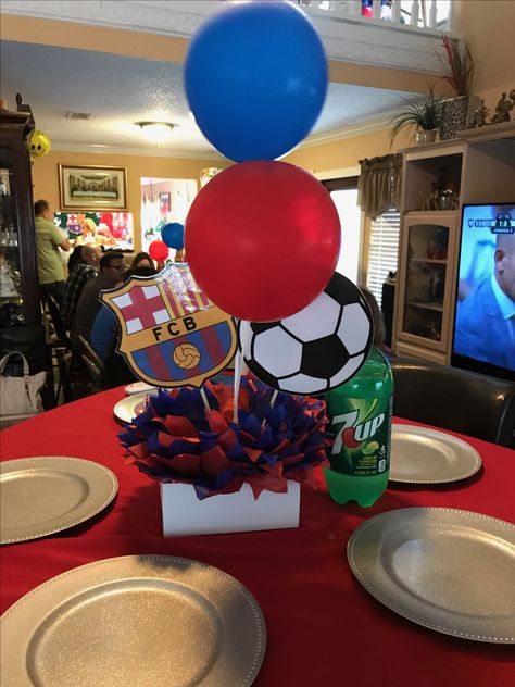 Barcelona center piece Barcelona Theme Birthday Party, Barcelona Party Decoration, Barcelona Party Ideas, Barcelona Birthday Party Ideas, Barcelona Soccer Party, Barcelona Party, Soccer Centerpieces, Soccer Theme Parties, America Party