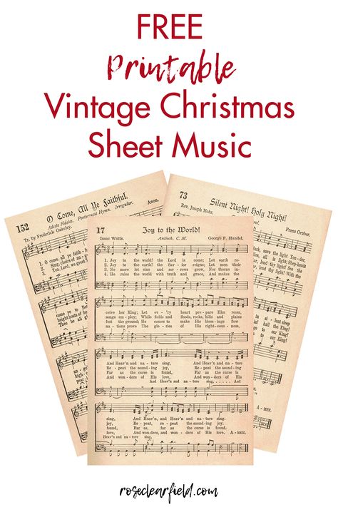 FREE printable vintage Christmas sheet music! 24 hymns, JPG and PDF versions. Perfect for holiday carol books, DIY wall art, and Christmas craft projects. #freesheetmusic #printableChristmasmusic #vintageChristmasmusic | https://www.roseclearfield.com Vintage Christmas Sheet Music, Free Christmas Music, Sheet Music Crafts, Christmas Sheet Music, Music Crafts, Bunny Crochet, Holiday Craft, Christmas Feeling, Free Christmas Printables