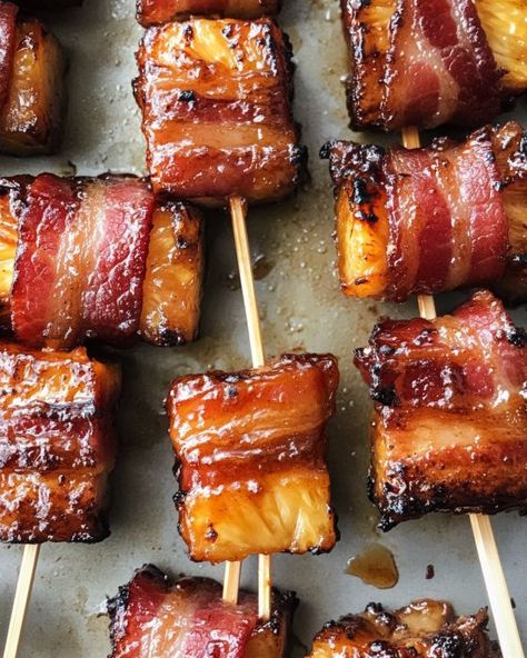 Bacon Pineapple Appetizers, Bacon Wrapped Water Chestnuts Recipe With Chili Sauce, Finger Food Salad, Bacon Wrapped Olives, Air Fryer Bacon Wrapped Pineapple, Bacon Wrapped Finger Foods, Ham And Pineapple Appetizers, Christmas Food Starters, Bacon Wrapped Pineapple Appetizers