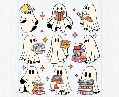 Ghost With Book Tattoo, Ghost Book Tattoo, Ghost Reading A Book Tattoo, Ghost Bullet Journal, Ghost With Book, Ghost Art Cute, Cute Ghost Drawings, Ghost Reading Book, Helloween Wallpaper