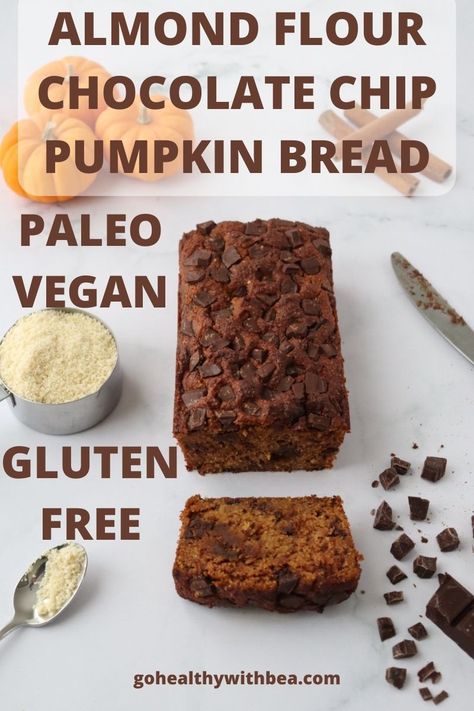 Try this easy and healthy homemade chocolate chip pumpkin bread recipe. This almond flour pumpkin bread is paleo, vegan and gluten free. It is moist and delicious. Almond Flour Pumpkin Chocolate Chip Bread, Gluten Free Pumpkin Bread Almond Flour, Almond Flour Pumpkin Banana Bread, Almond Flour Pumpkin Bread, Gluten Free Pumpkin Bread Recipe, Almond Flour Chocolate Chip, Chocolate Pumpkin Bread, Paleo Pumpkin Bread, Bread Pumpkin