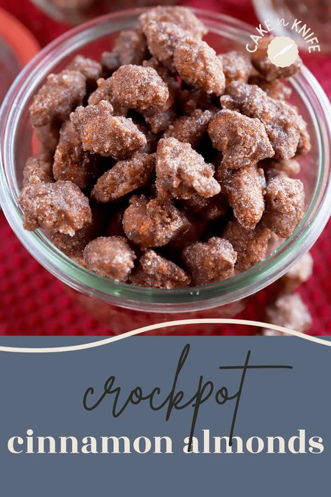 Crockpot Cinnamon Almonds are the holiday snack everyone craves, all made in your slow cooker. The sweet spiced nuts make for a fantastic snack to set out for gatherings, or package them up to gift to friends and family. | cakenknife.com Crock Pot Almonds, Cinnamon Almonds Recipe, Cinnamon Sugar Almonds, Candy Almonds Recipe, Crockpot Candy Recipes, Cinnamon Roasted Almonds, Spiced Nuts Recipe, Slow Cooker Candy, Almonds Recipe