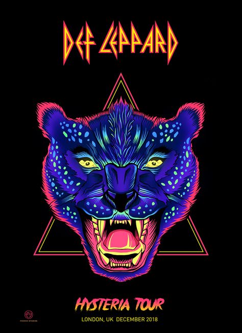 With an upcoming gig in London, I decided to put together a tribute poster for the mighty Def Leppard. The concept behind the poster was to create a neon leopard. I used a similar colour scheme to the Hysteria album cover, as the band were on tour celebrating its 30th anniversary. Def Leppard Album Covers, 80s Album Covers Aesthetic, Def Leppard Aesthetic, 80s Band Posters, Scorpion Poster, Def Leppard Poster, Def Leppard Wallpaper, 80s Album Covers, Band Covers