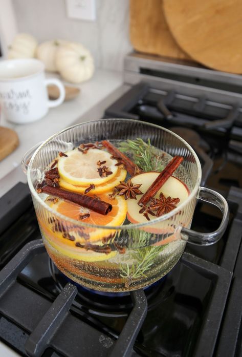 FALL / Hey y’all! I’m VERY excited about my fall simmer pot recipe, also known as a potpourri. After you create one, you’ll want to do it all the time. If you have an apple or an orange about to go bad, create a simmer pot! | SBK Living Mint Simmer Pot, Fall Summer Pot, Glass Simmer Pot, Simmer Pot Aesthetic, Lemon Simmer Pot, Christmas Stovetop Simmer, Williams Sonoma Simmer Pot, Fall Simmering Pot Recipes, Autumn Simmer Pot