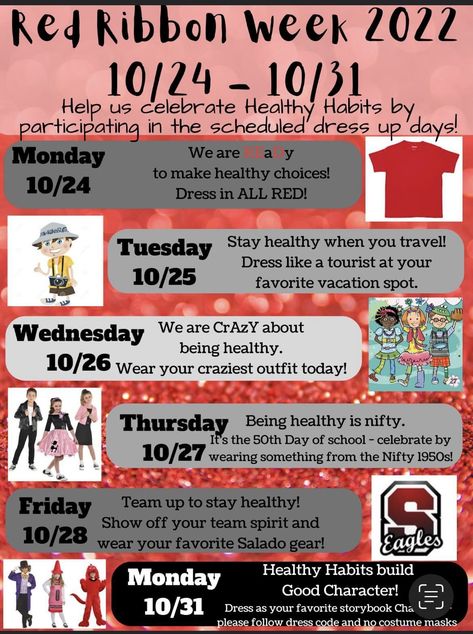 Red Ribbon Week Ideas Dress Up, Red Ribbon Week Dress Days, Stuco Ideas, Dress Up Days, Team Ideas, Red Ribbon Week, Ribbon Ideas, Dress Up Day, Ribbon Dress