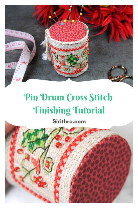 A basic cross stitch finishing tutorial teaching you how to make a pin drum / pin cushion. These make great personalized gifts for anyone who sews. Pin Drum Cross Stitch, Drums Cross Stitch Pattern, Cross Stitch Pin Drums, Ideas To Finish Cross Stitch Projects, Cross Stitch Finishing Ideas Tutorials, Needlework Finishing Ideas, Cross Stitch Finishing Ideas, Cross Stitch Gifts Ideas, Counted Cross Stitch Patterns Free