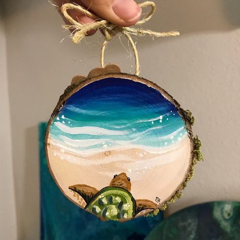 Wood Hand Painted Sea Turtle Beach Hawaii Florida California Mexico Puerto Rico Tropical Bahamas Caribbean Christmas Ornament - Etsy Canada Drawings On Wood Slices, Acrylic Painting On Wood Ideas, Relaxing Paintings, Caribbean Christmas, Fripp Island, Wood Paintings, Painted Coasters, Sea Turtle Painting, Wood Turtle