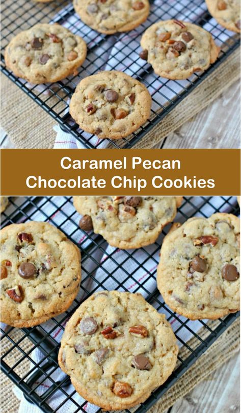 Chocolate Chip Pecan Caramel Cookies, Chocolate Pecan Caramel Cookies, Caramel Praline Cookies, Carmel Pecan Chocolate Chip Cookie, Caramel Pecan Cookies Recipe, Salted Caramel Chocolate Chip Pecan Cookies, Salted Caramel Pecan Cookies, Carmel Chip Recipes, Salted Caramel Pecan Chocolate Chip Cookies