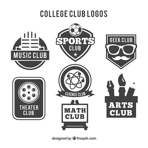 Logos for college clubs | Free Vector #Freepik #freevector #school-rules #class-logo #school-badge #teacher-logo College Clubs, Logo For School, College Club, Logo Design Set, Science Club, Sports Logo Design, Black And White Logos, School Clubs, Education Logo