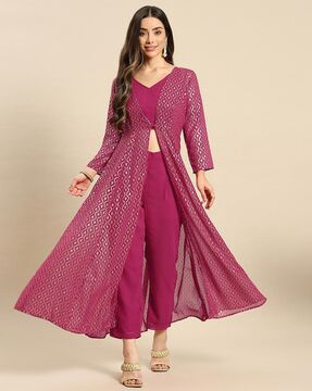 Check out Mabish By Sonal Jain Pants Suit Set with Printed Jacket on AJIO's ongoing All Stars Sale! Kurta Set With Shrug, Long Jacket Pattern Indian Dress, Kurta With Shrug For Women, Long Jacket Style Suits For Women Indian, Georgette Shrug Long, Shrug Suits Indian, Pant Blouse With Shrug, Shrug Set For Women, Crop Top With Shrug And Pant