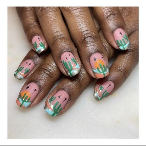 Cacti Nail Art, Arizona Themed Nails, Desert Nail Art, Desert Nails, Cactus Nails, Arizona Nails, Pink Flower Nails, Pretty Hands, Flower Nail Art