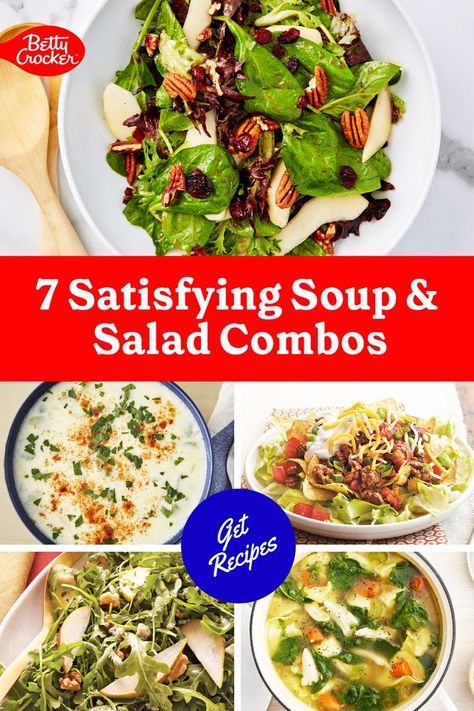 betty crocker, soup recipes, healthy soup recipes, hearty vegetable soup, side dish salad, salad recipes, satisfying family meals Healthy Soup And Salad Combos, Salad For Soup, Soups And Salads, Best Soup And Salad Combo, Soup And Salad Ideas, Soup And Salad Recipes, Soup Salad Combo, Soup And Salad Luncheon Ideas, Soups Salads And Sandwiches