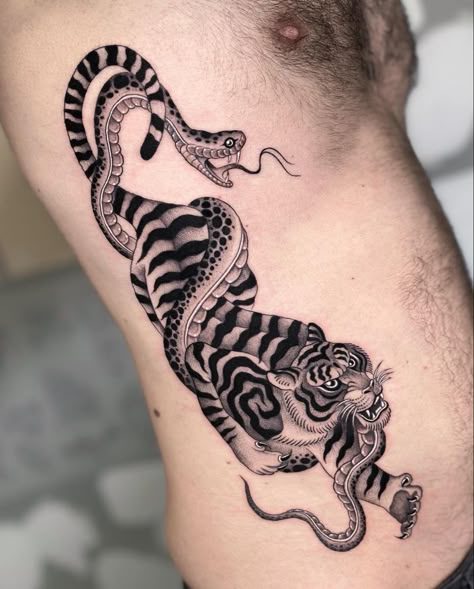 Tiger And Panther Tattoo, Snake And Tiger Tattoo, Tiger And Snake Tattoo, Tiger Hip Tattoo, Tiger Snake Tattoo, Oasis Tattoo, Grey Animals, Ab Tattoo, Cobra Tattoo