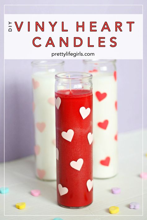 Cricut Valentine Ideas, Cricut Valentines Projects, Handmade Valentine Gifts, Dollar Store Candles, Heart Vinyl, Valentine Candles, Idee Cricut, Candles Diy, Diy Heart