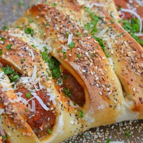 Everything Meatball Stromboli - Savory Experiments Meatball Stromboli Recipe, Meatball Stromboli, Salmon Croquettes Recipe, Spicy Green Beans, Croquettes Recipe, Stromboli Recipe, Everything Bagel Seasoning, Best Sausage, Bread Dip