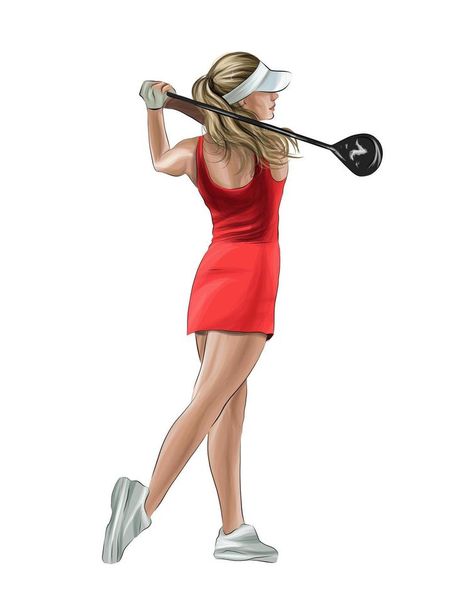 Female golf player hitting the ball, color drawing, realistic. Vector illustration of paints Golf Drawing, Drawing Realistic, Vector Brush, Golf Art, Color Drawing, Landscape Art Painting, Golf Player, Golf Sport, Photoshop Brushes