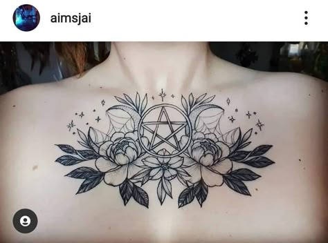 Witch Chest Tattoo Ideas, Triple Moon Chest Tattoo, Pentagram Chest Tattoo, Witchy Throat Tattoo, Witchy Stomach Tattoo, Pentacle Tattoo Design, Spooky Thigh Tattoo, Witchy Chest Tattoo Female, Witchy Neck Tattoo