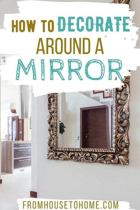 I have a mirror that looks really plain on my wall. These interior design tips for how to decorate around a mirror gave me some great ideas on what to hang with it to make it look better. | Interior Decorating Tips For The Home Decorate Around A Mirror, Wall Mirror Ideas Living Room, Wall Hanging Decorations, Mirror Wall Hanging, Mirror Gallery, Mirror Gallery Wall, Long Mirror, Picture Gallery Wall, Hallway Mirror