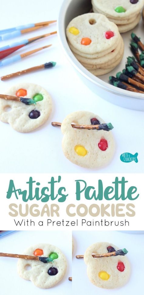 Artists big and small will love these simple Artist Palette Sugar Cookies with Pretzel Paintbrushes | Cookies | Sugar Cookies | Shaped Sugar Cookies | Dessert | Edible Crafts | Art | Artist | Painting | Skittles | Treats for Kids | Party Food | Baking | S Sugar Cookie Desserts, Shaped Sugar Cookies, Coloring Party, Themed Snacks, Pretzel Cookies, Treats For Kids, Cookies Sugar, Food Baking, Edible Crafts