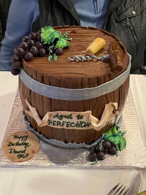 Aged To Perfection Cake Wine, Wine Inspired Cake, Wine Barrel Cake Ideas, Wine Themed Cake, Aged To Perfection Birthday Cake, Wine Cake Designs, Wine Theme Cakes, Wine Cakes, Birthday Cake Wine