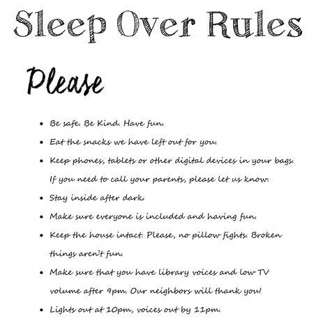 Tween Sleepover rules Rules For Sleepover, Sleepover Rules, Sleepover Packing, Smiley Birthday, Sleepover Stuff, Girls Sleepover Party, Sleepover Essentials, Fun Sleepover Games, Halloween Sleepover