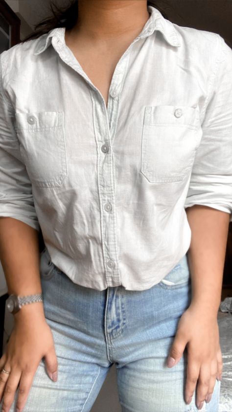 4 basic ways to wear a basic white shirt. Basic White Shirt, Tie A Knot, Black Joggers, A Pencil, Over It, White Shirt, Blue Jeans, Pencil Skirt, Knot