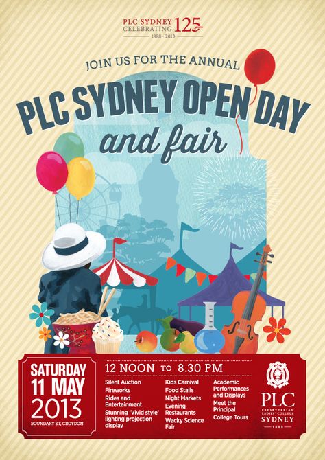 PLC Sydney Open Day and Fair poster Annual Reports, Fete Ideas, School Fair, Advertising Graphics, Kids Carnival, Family Festival, Stationery Packaging, Corporate Image, Surry Hills